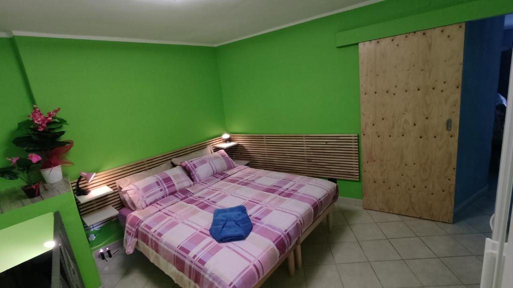 ein Schlafzimmer mit einem Bett mit rosa und grünen Wänden in der Unterkunft LaFuntanella45 Casa Vacanze in Isernia