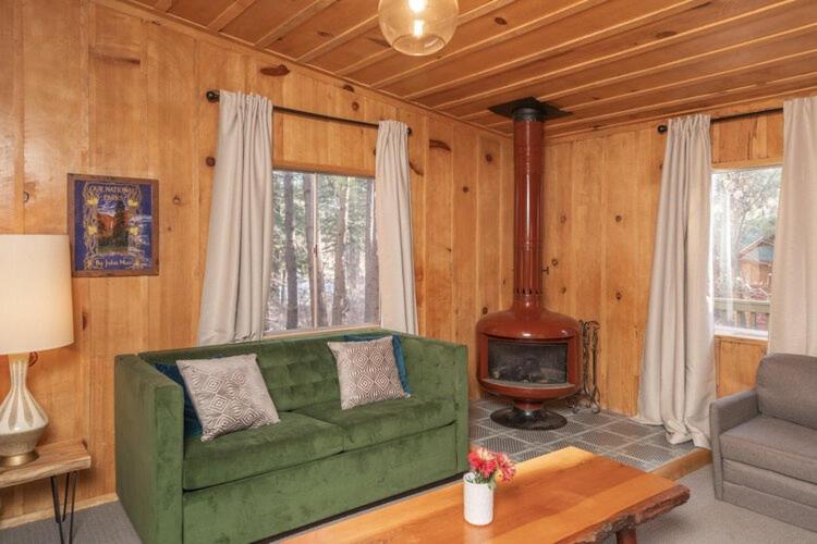 a living room with a green couch and a stove at 2407 - Oak Knoll #9 cabin in Big Bear Lake