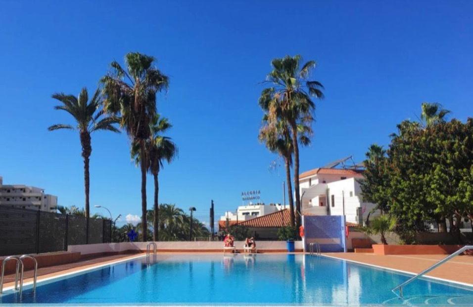 a large swimming pool with palm trees in the background at Sunset over the sea in Playa de las Americas