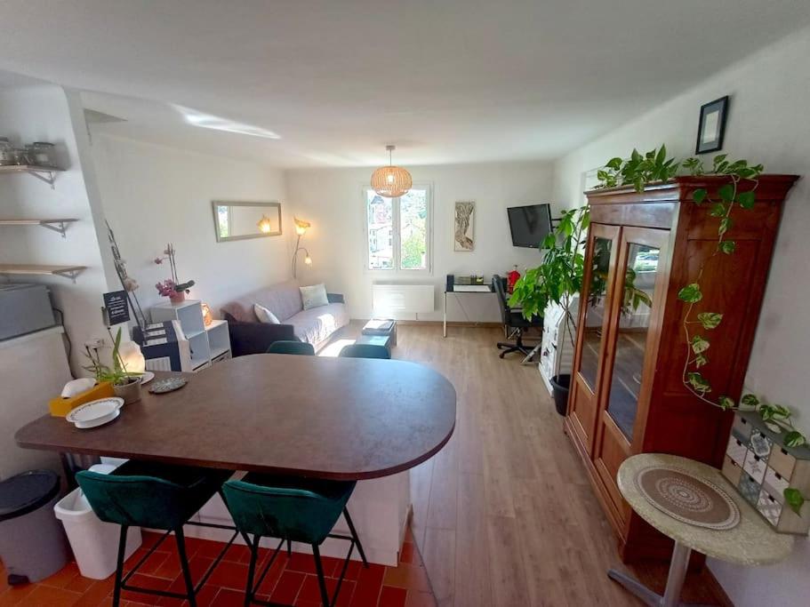 uma sala de estar com uma mesa e um sofá em Maison 4 pers avec jardin au pied des montagnes em Ria