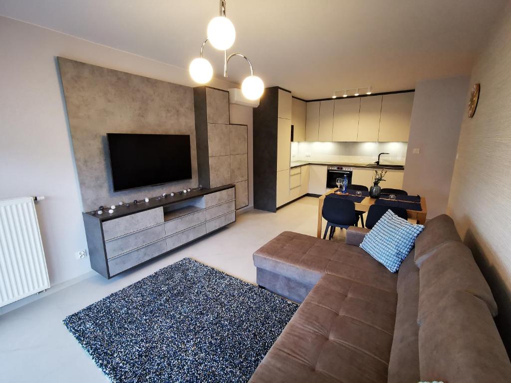 a living room with a couch and a flat screen tv at Apolonia apartamenty I - SPA in Dziwnów
