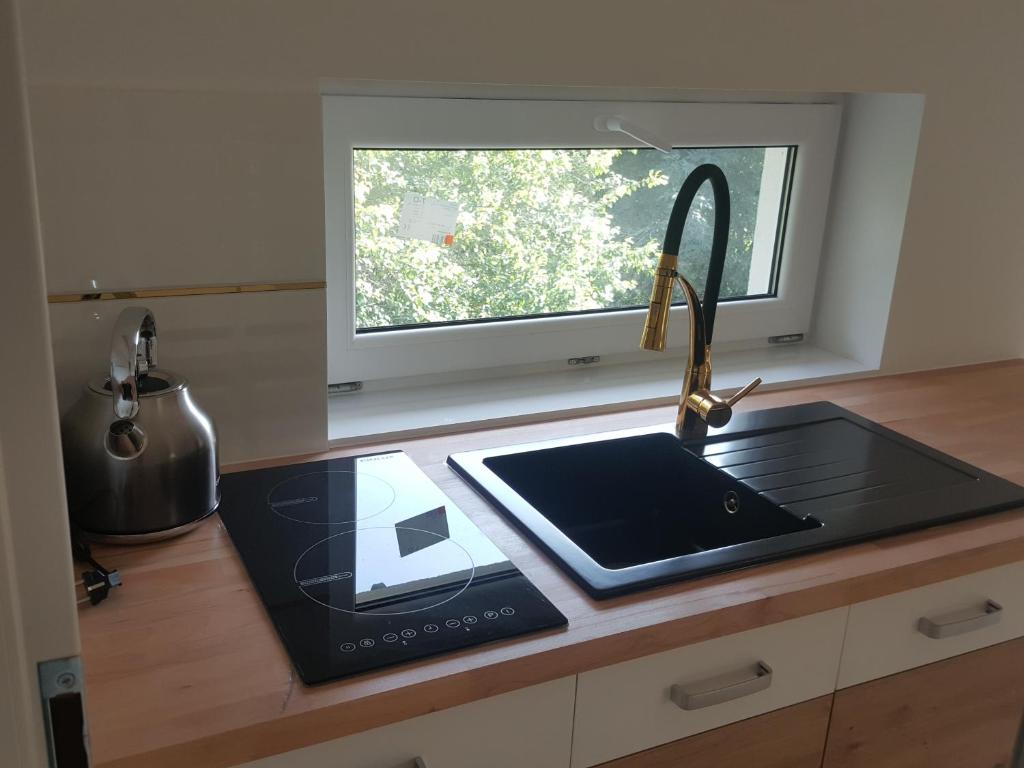 a kitchen counter with a sink and a window at APARTAMENTY ZIELONY KAMELEON in Busko-Zdrój