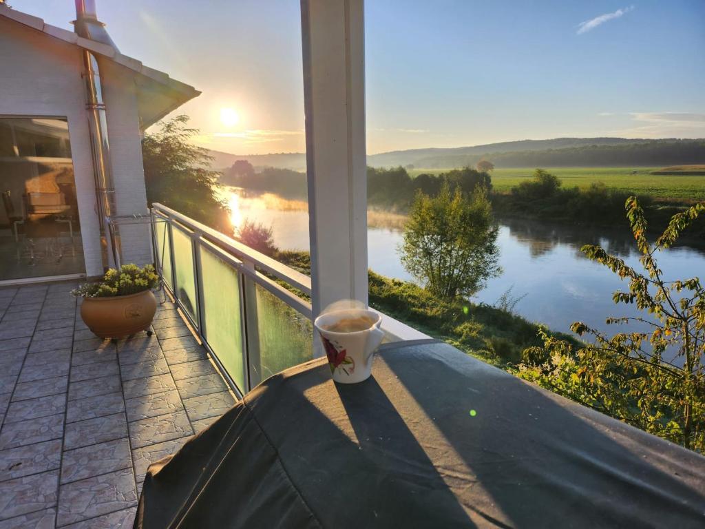 una tazza di caffè seduta su un portico con vista sul fiume di Haus an der Weser Ferienwohnung a Brevörde