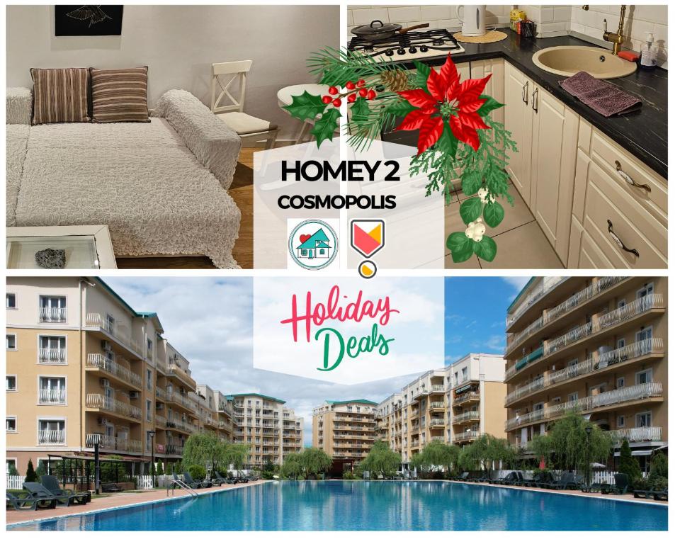 a collage of three pictures of a apartment at Homey 2 Cosmopolis in Ştefăneştii de Jos