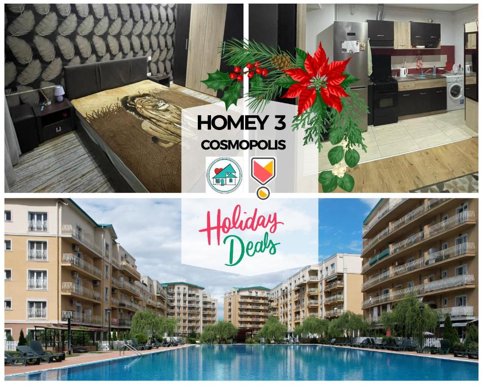 a collage of photos with a holiday sign next to a pool at Homey 3 Cosmopolis in Creţuleasca