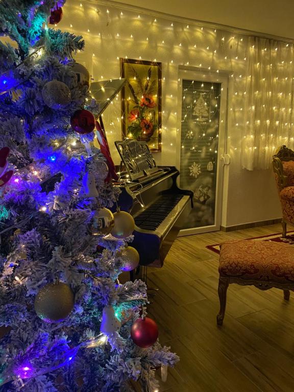 un albero di Natale in un soggiorno con pianoforte di Rok a Tešanj
