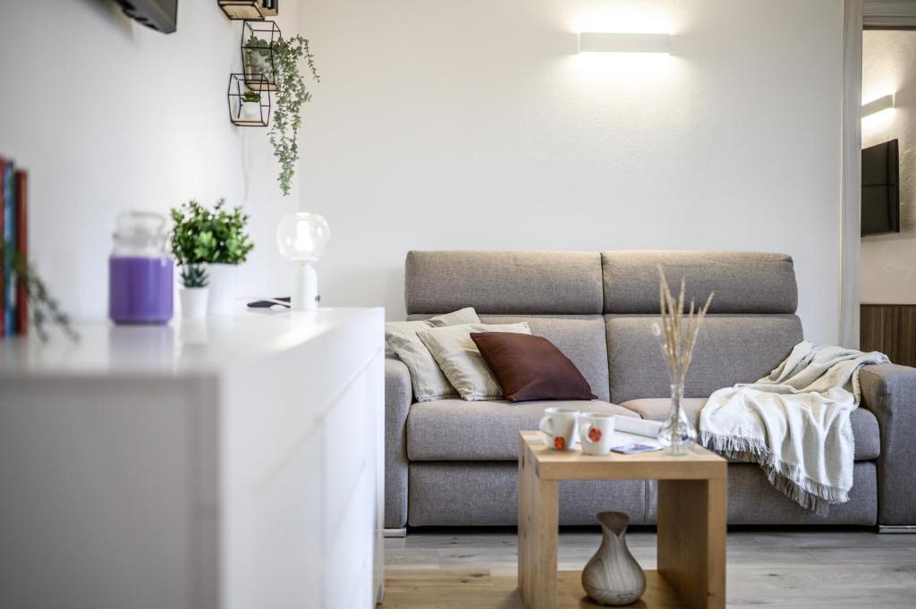 ein Wohnzimmer mit Couch und Tisch in der Unterkunft Nella CORTE DEL MULINO, 1 passo dal centro con parcheggio in Modena