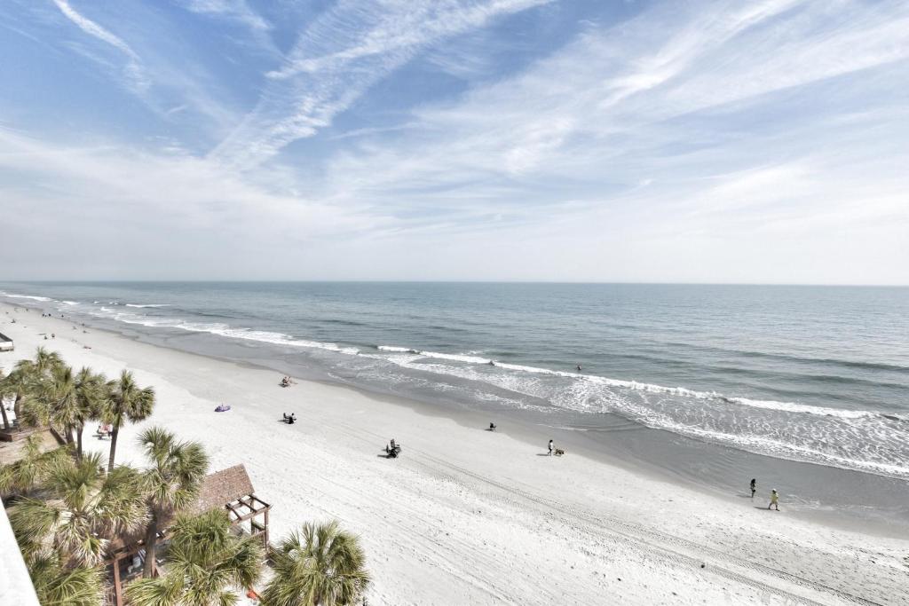 a view of a beach with palm trees and the ocean at 0512 Waters Edge Resort condo in Myrtle Beach
