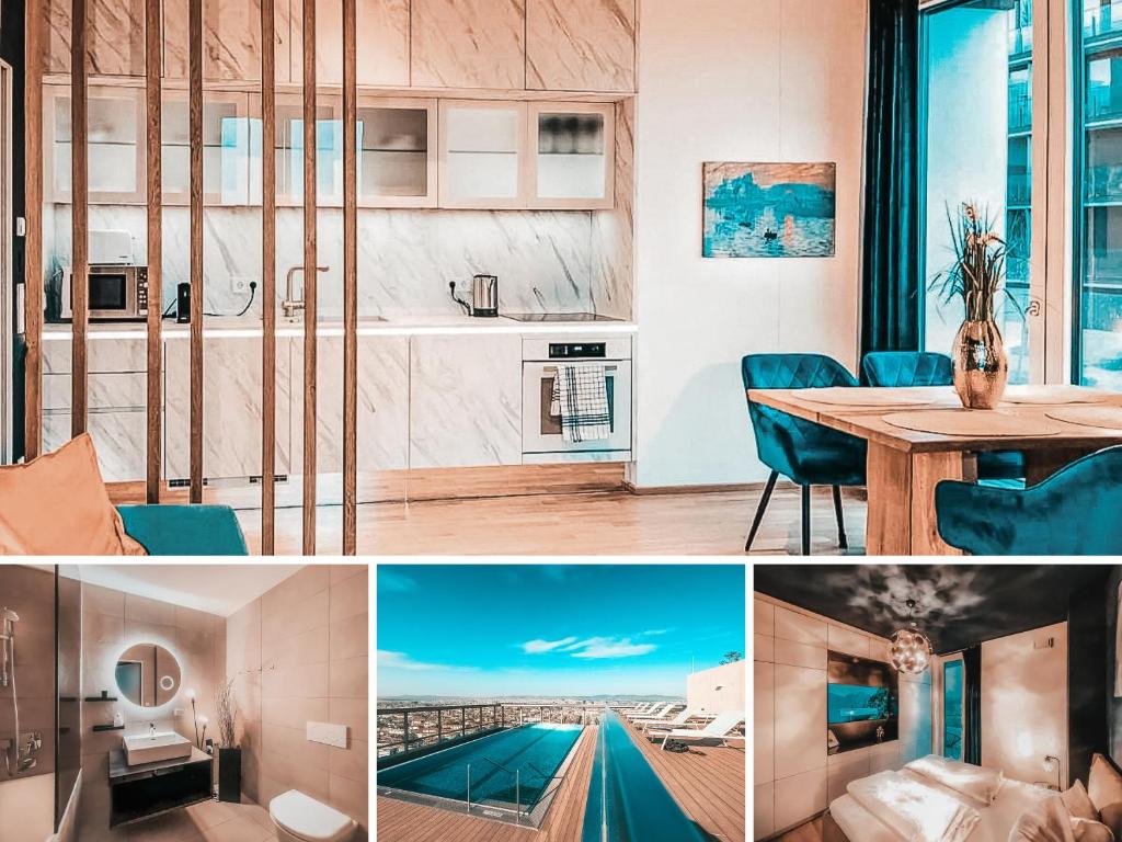 a collage of photos of a kitchen and a living room at AlpenLuxus' KAISER LODGE with rooftop pool & underground car park in Vienna