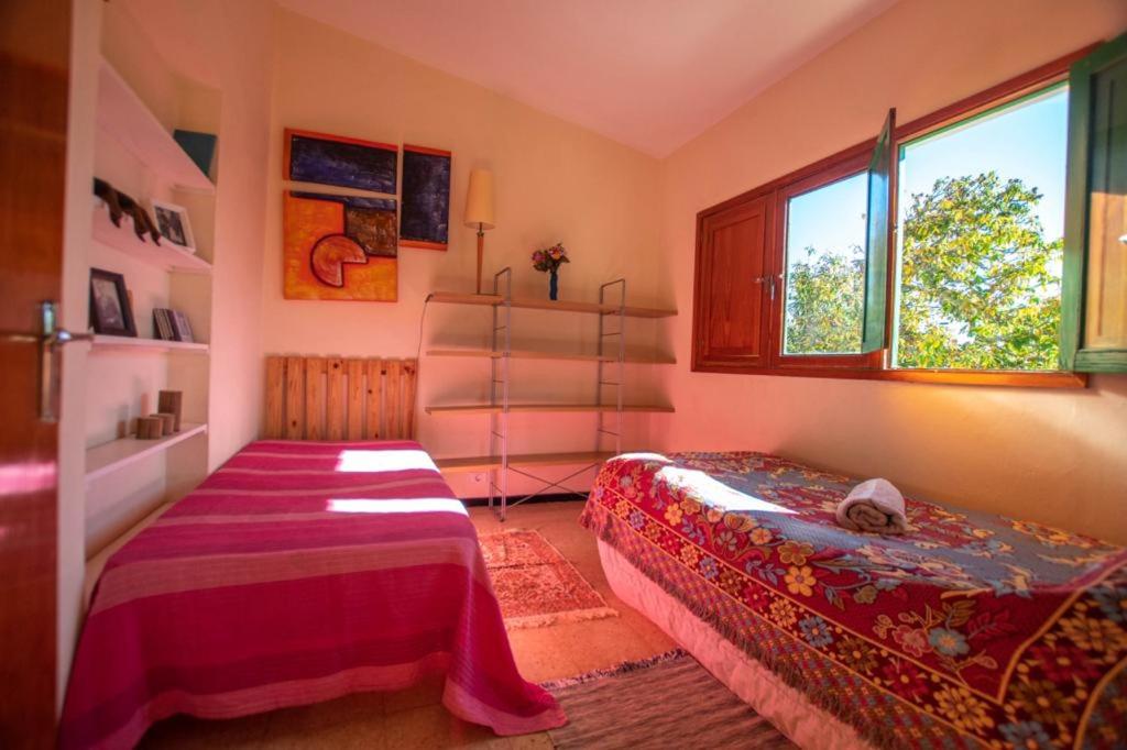 a bedroom with a bed and two windows at Finca pajaritos in Las Palmas de Gran Canaria