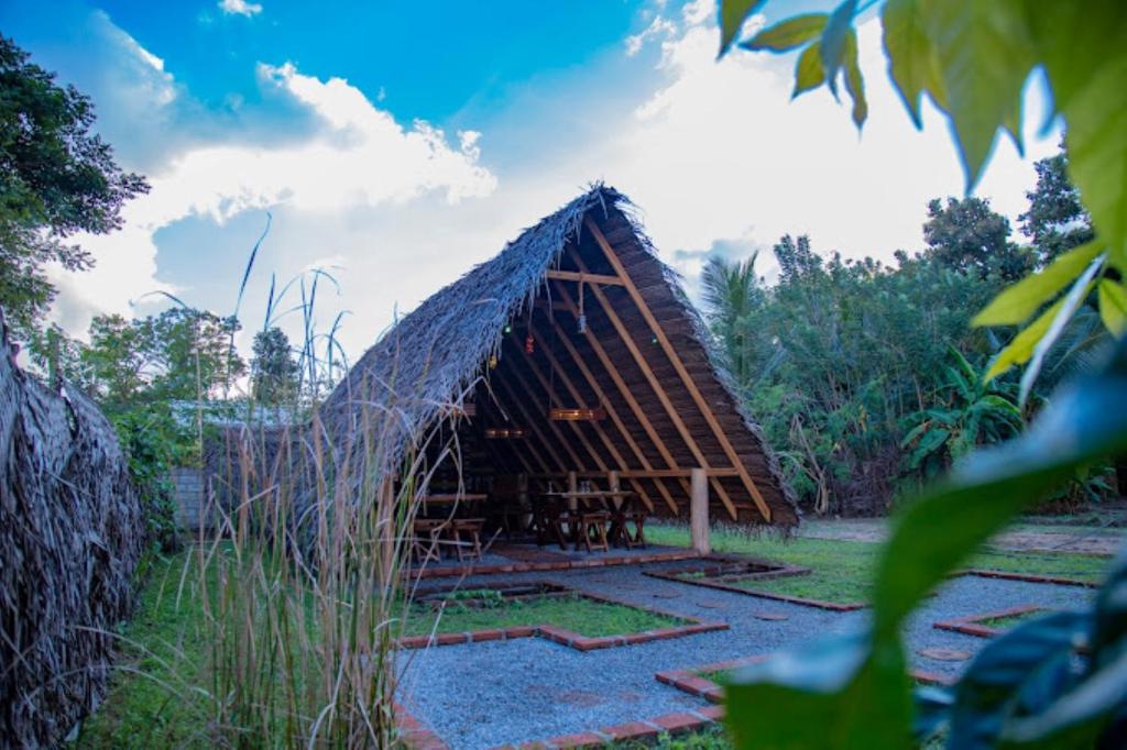 a thatch roofed hut in a field of grass at Dinna Nature Hostel in Sigiriya