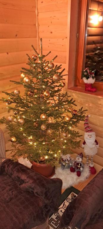 a christmas tree in a living room with a christmas ornament at Planinska kuća in Žabljak