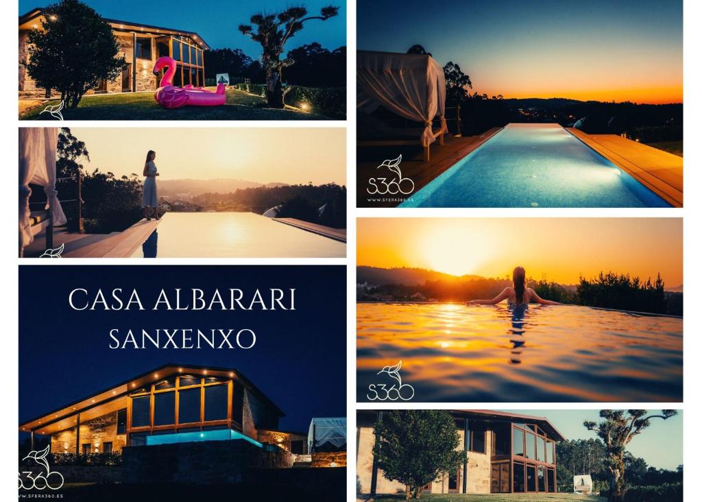 a collage of photos with a pool and the sunset at Casa Albarari Boutique Double Rooms with access to shared Infinity Pool in Sanxenxo