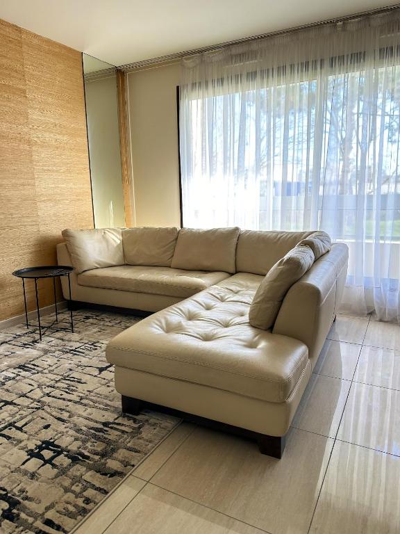 un salon avec un canapé et une grande fenêtre dans l'établissement Appartement charmant à Issy-les-Moulineaux 49 m² avec terrasse, à Issy-les-Moulineaux