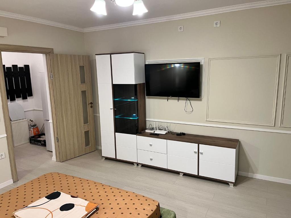 ein Wohnzimmer mit einem Flachbild-TV an der Wand in der Unterkunft Apartament 1 camera Brăila(hipodrom) in Brăila