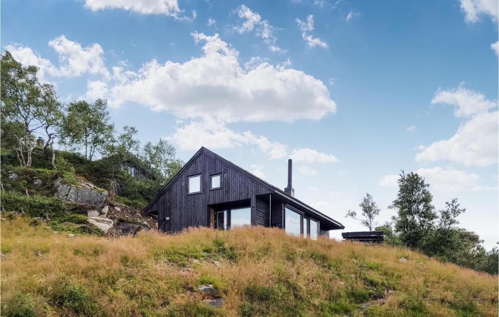 uma casa negra no topo de uma colina em Gorgeous Home In Jsenfjorden With Sauna em Gullingen