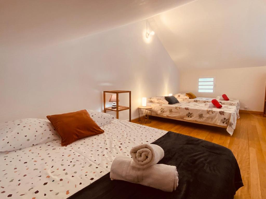 um quarto com 2 camas e toalhas em Brise Tropicale em Le Bois de Nèfles