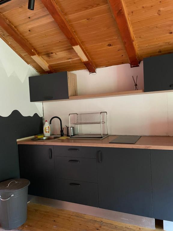eine Küche mit schwarzen Schränken und einer Holzdecke in der Unterkunft Skikoliba 2 in Jahorina
