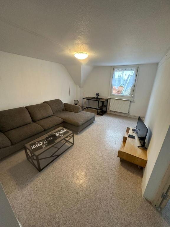 ein Wohnzimmer mit einem Sofa und einem Couchtisch in der Unterkunft Joli appartement 2 chambres face gare in Forbach