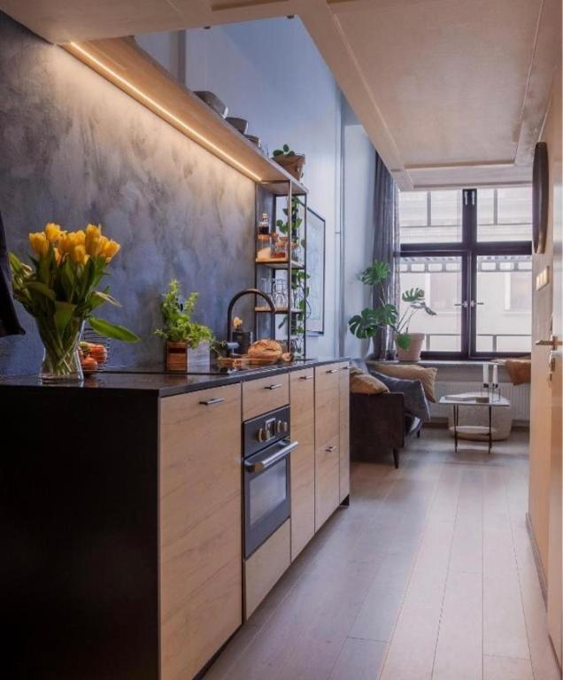 a kitchen with a sink and a stove top oven at Downtown Elegance in Oslo