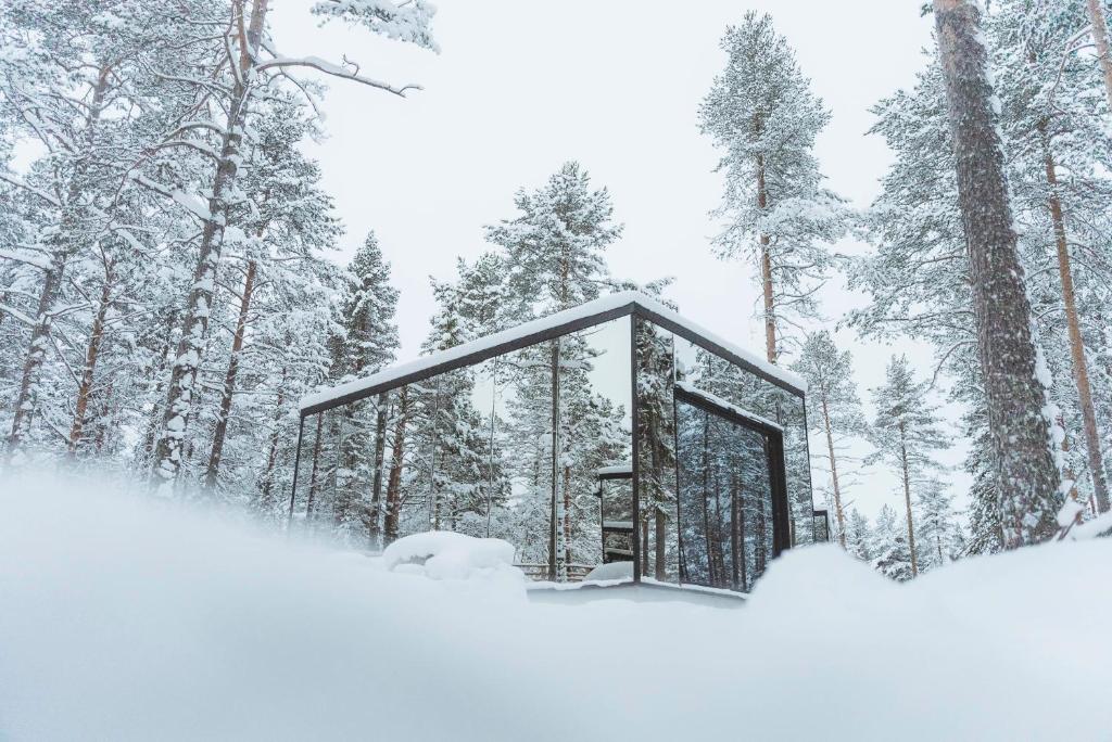 Invisible Forest Lodge Suite with Private Sauna and Hot Tub v zimě