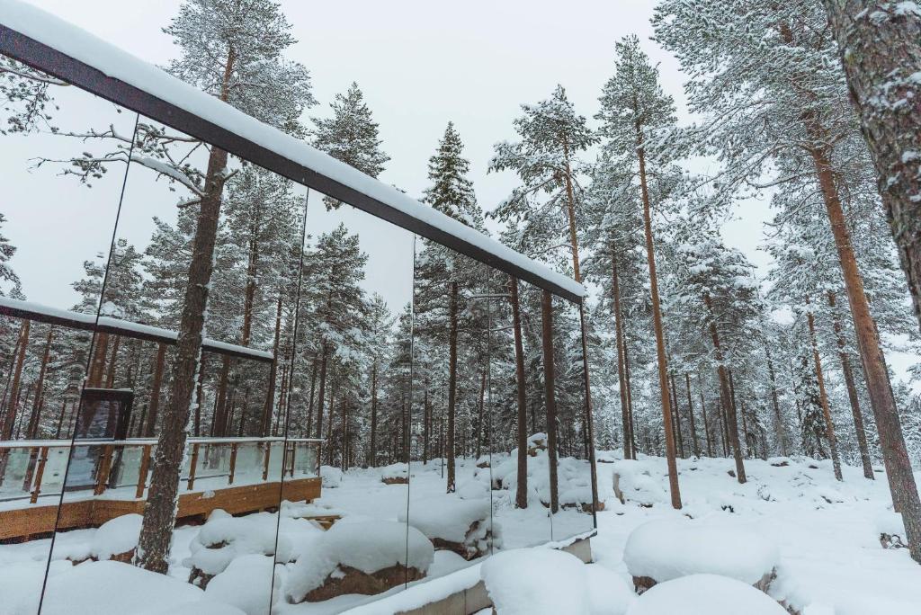 Invisible Forest Lodge Suite with Private Sauna and Hot Tub v zimě