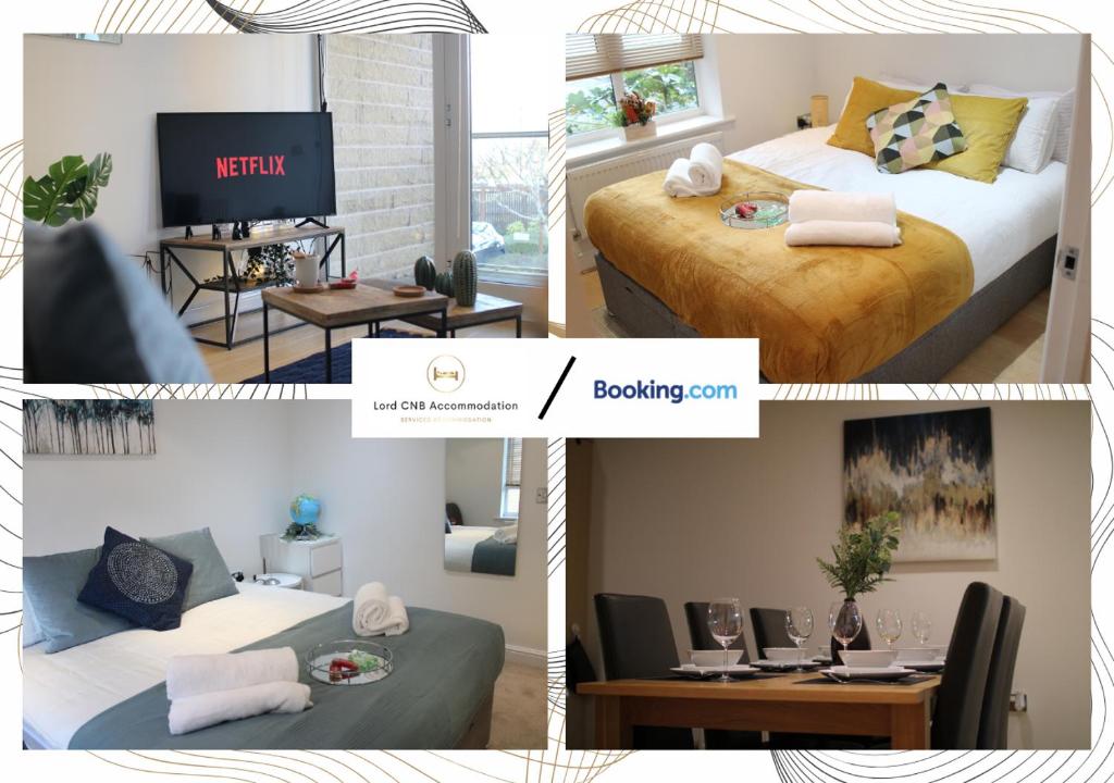 een collage van foto's van een kamer met een bed en een televisie bij Northfield Luxury Apartment in Walkly