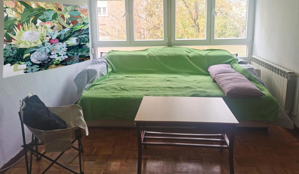 安静双人房 في مدريد: غرفة معيشة مع أريكة خضراء وطاولة