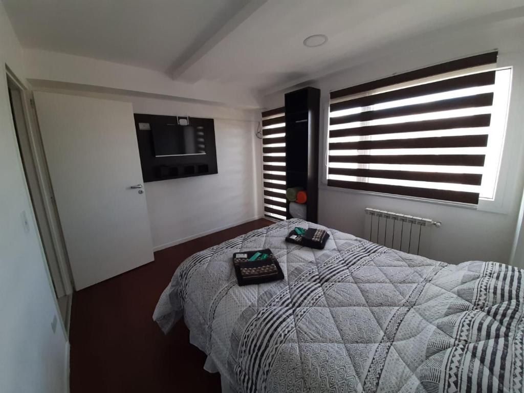 1 dormitorio con 1 cama, TV y ventana en Departamento Fuegia en Ushuaia