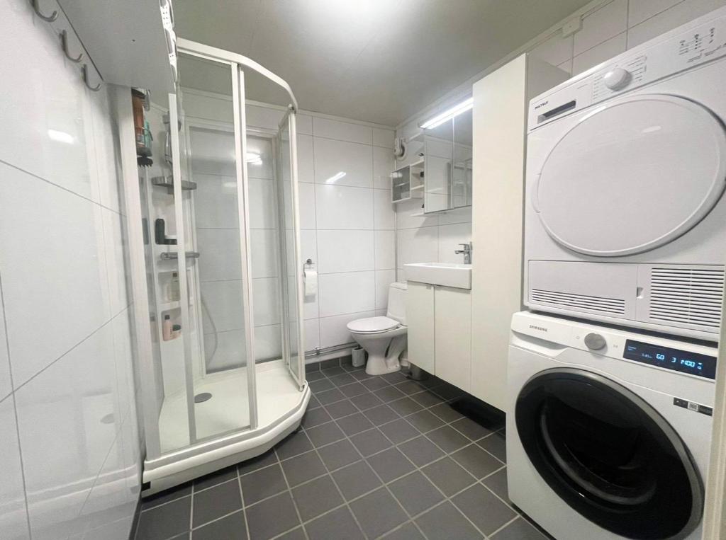 a bathroom with a washing machine and a toilet at Cozy 2-Bed Apartment on the top of Tromsø! in Tromsø