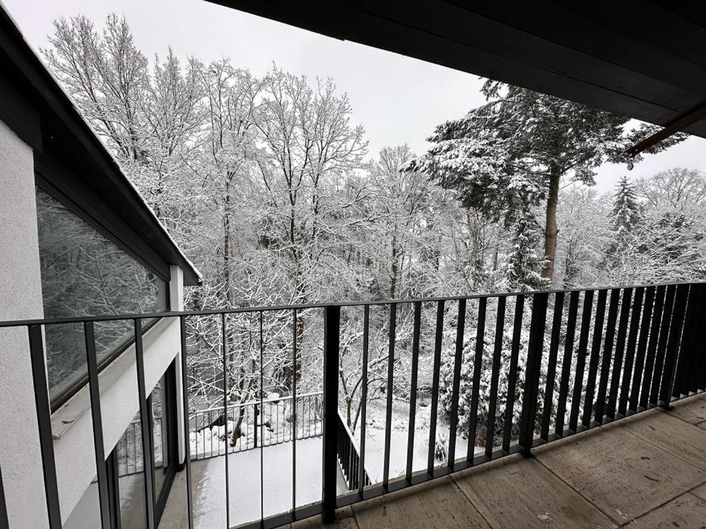 a balcony with a view of snow covered trees at Architektenhaus am Waldrand mit Sauna in Schwabach