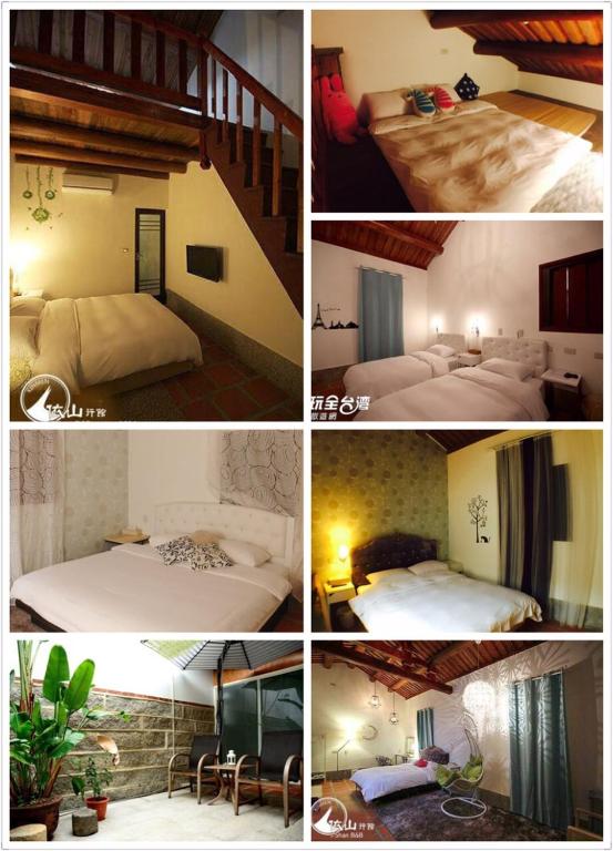 a collage of four pictures of a hotel room at I-Shan B&amp;B in Jincheng