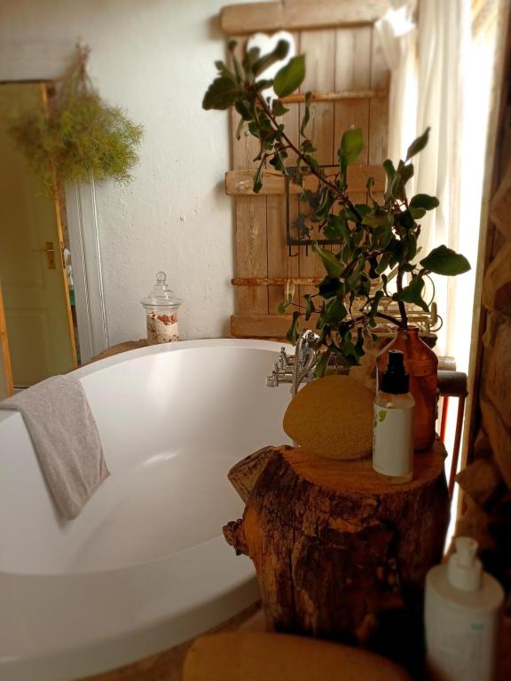 un baño con bañera con un tronco de árbol al lado en Saffier river cottage Farmstay en Lady Grey