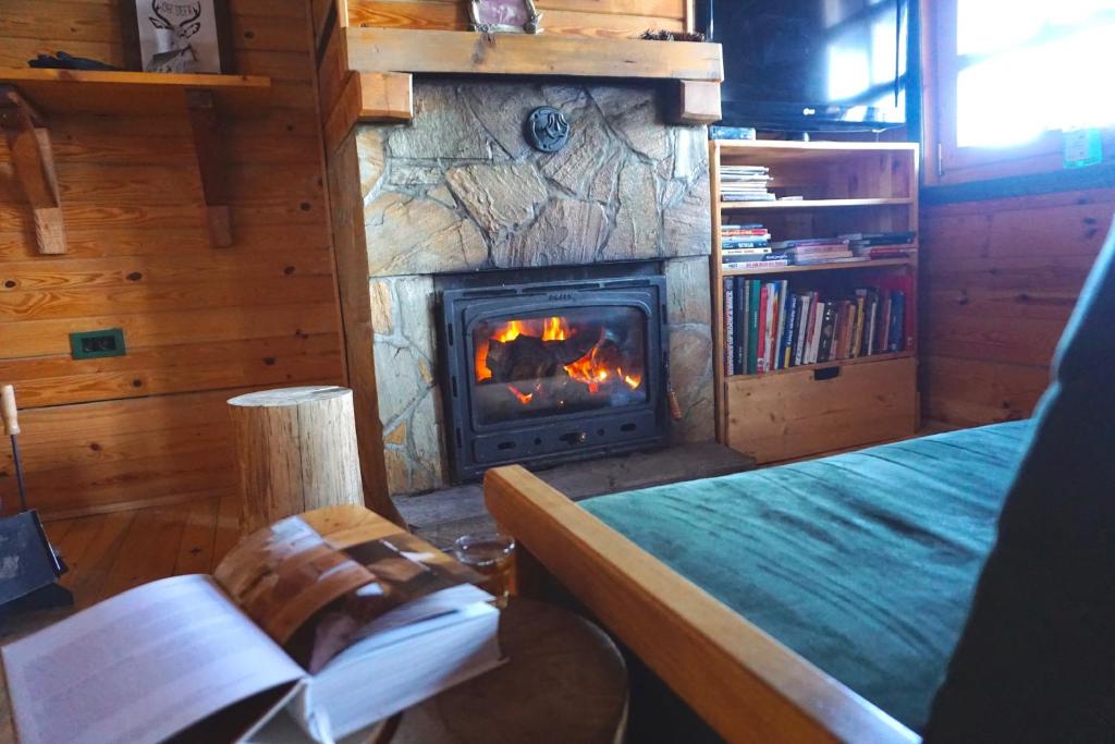 a fireplace in a room with a bed and a book at Cozy chalet Montana in Kopaonik