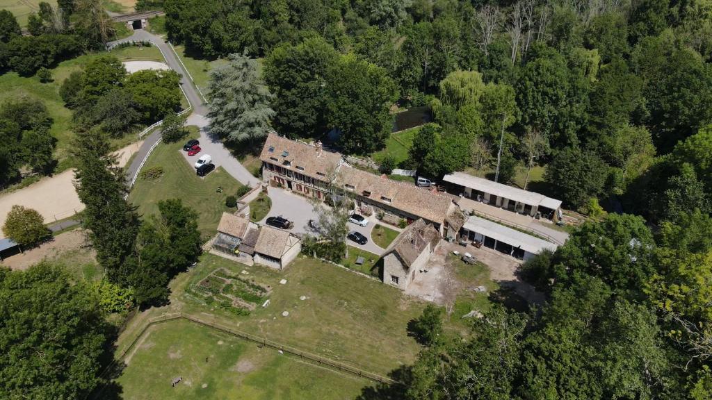 uma vista aérea de um edifício antigo na floresta em Le Moulin de l'étang em Gilles