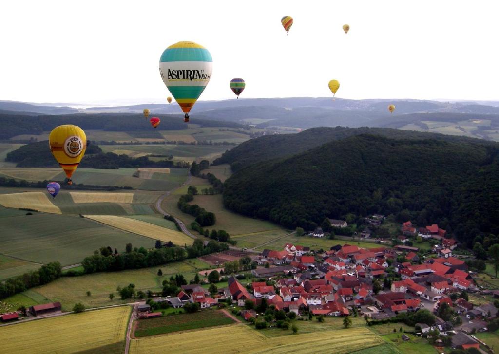 a group of hot air balloons flying over a village at Ferienwohnung Schwein gehabt in Allna