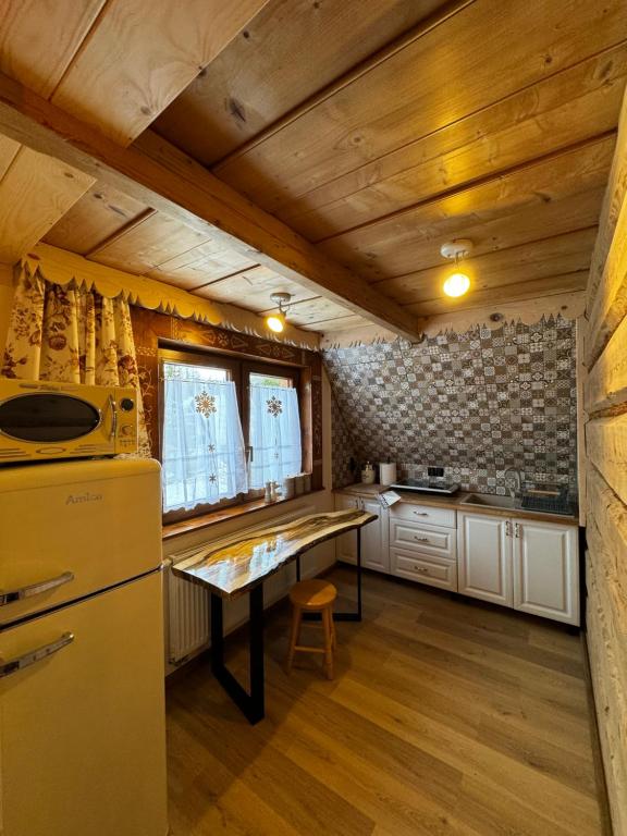 a kitchen with a refrigerator and a table at Pokoje i Apartamenty Regionalny Styl ul Bachledy 20 Zakopane in Zakopane