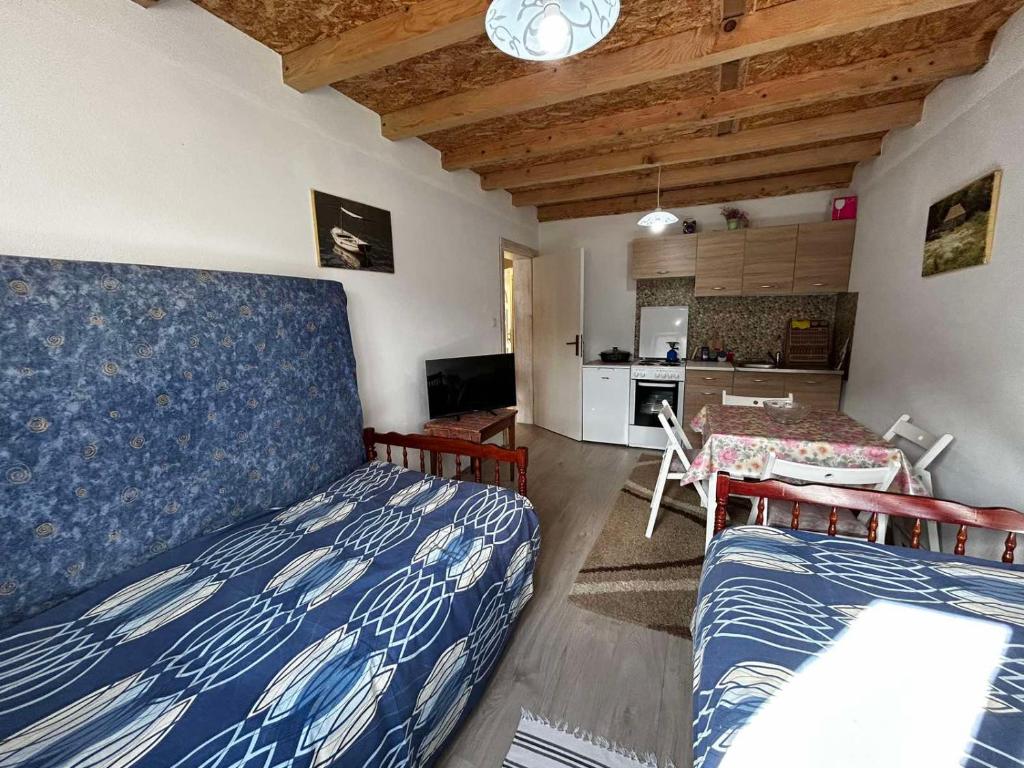 a bedroom with a bed and a table and a kitchen at Apartment Marojevic Lipovo in Kolašin