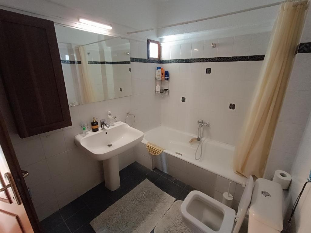 uma casa de banho com um lavatório, um WC e uma banheira em villa panorama seaview em Tessalônica
