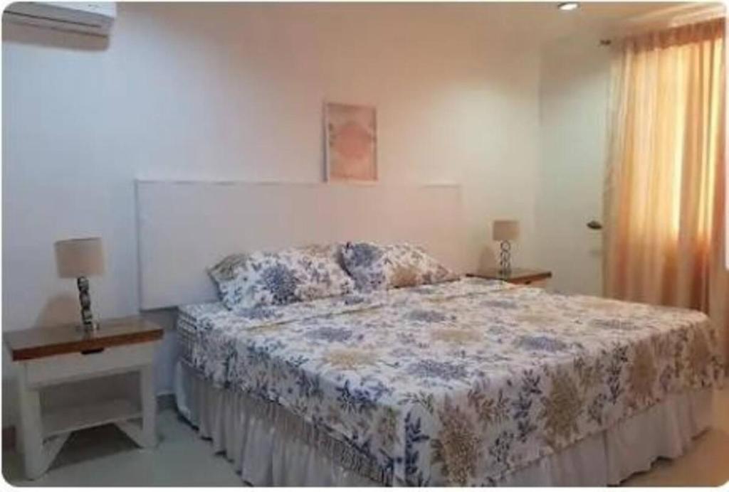 SamborondÃ³n的住宿－Habitacion independiente en Samborondon，一间卧室配有一张床、两盏灯和一个窗户。