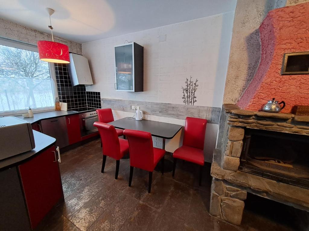 a kitchen with a table and chairs and a fireplace at Apartaments Gory in Niedzica Zamek