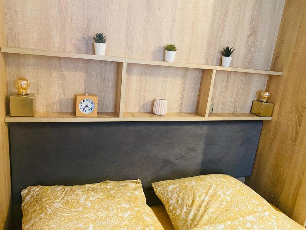 ein Schlafzimmer mit einem Bett und Regalen mit Pflanzen in der Unterkunft Music Box from 10 mn Paris centre in Saint-Ouen