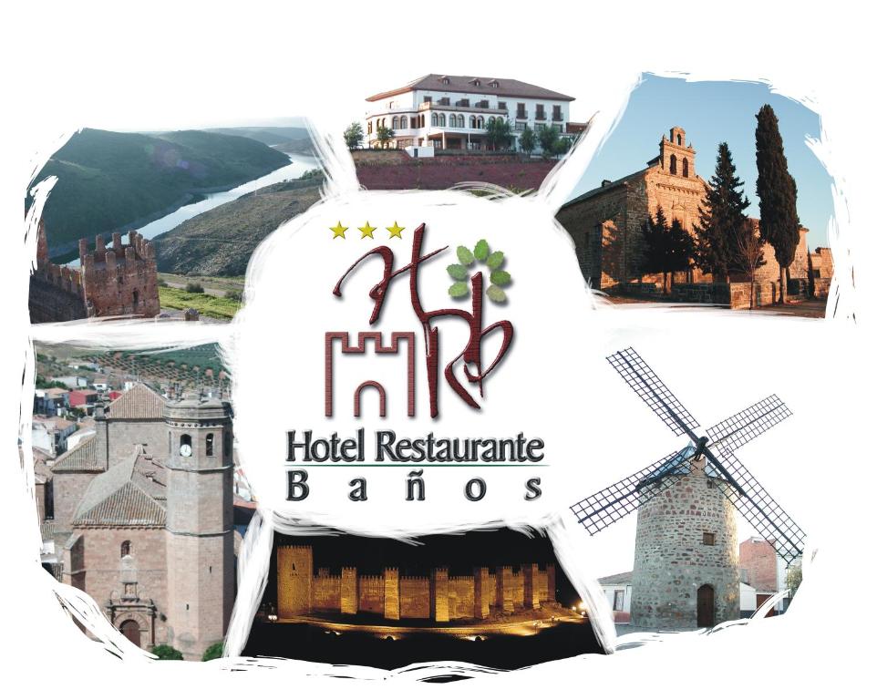 a collage of pictures of castles and windmills at Hotel Restaurante Baños in Baños de la Encina