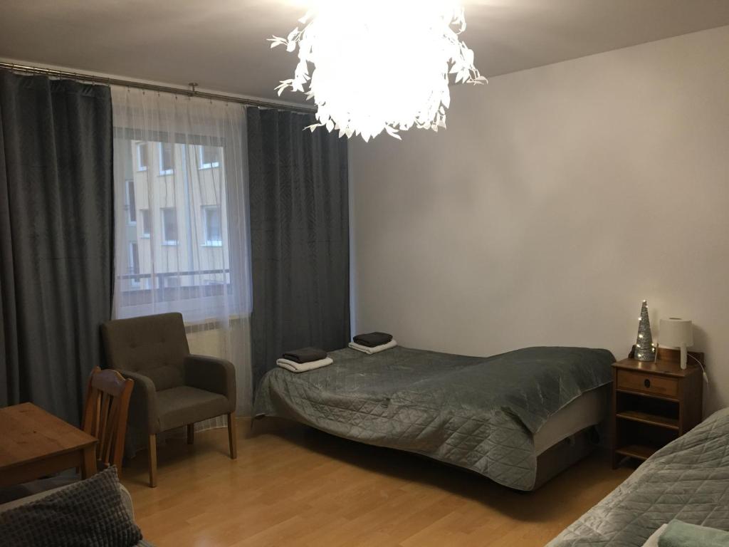 sypialnia z łóżkiem, krzesłem i żyrandolem w obiekcie Czaple na Muchoborze we Wrocławiu