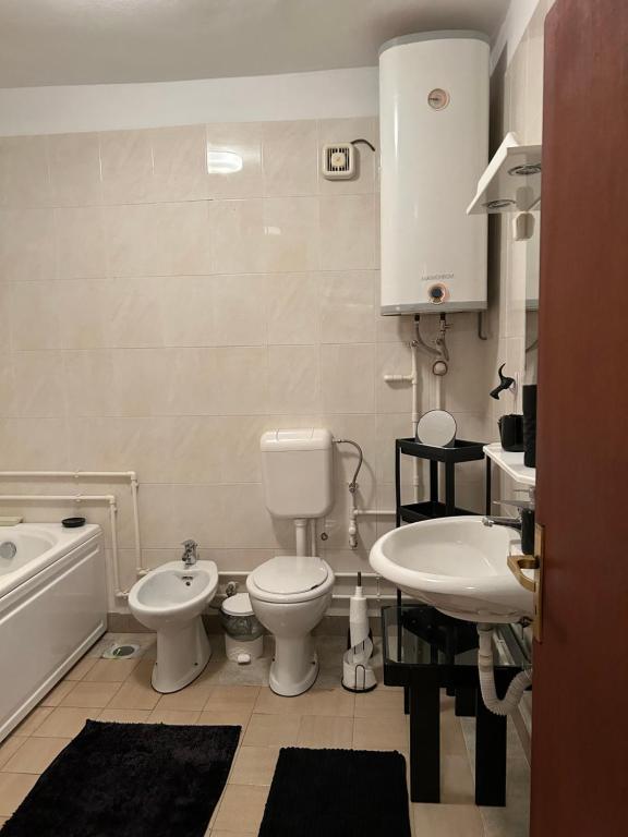 La salle de bains est pourvue de toilettes, d'un lavabo et d'une baignoire. dans l'établissement Jordan Apartman, à Niška Banja