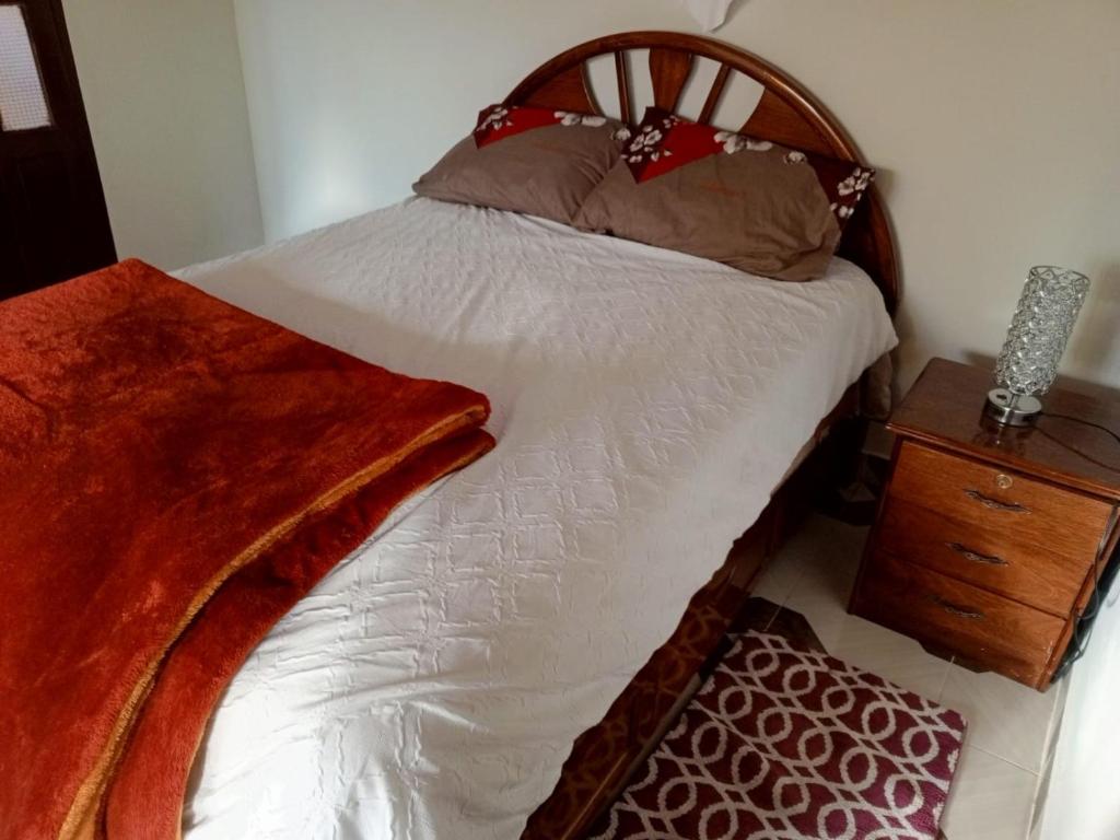 a bed with a wooden headboard and pillows on it at Departamento 1 casa Iglesias in Sucre