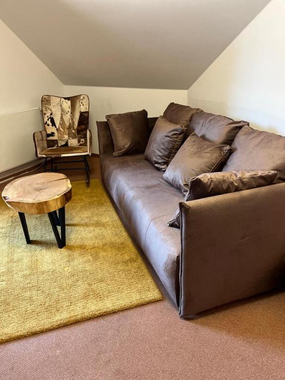 a living room with a brown couch and a chair at Apartmán Bílé Labe in Špindlerův Mlýn