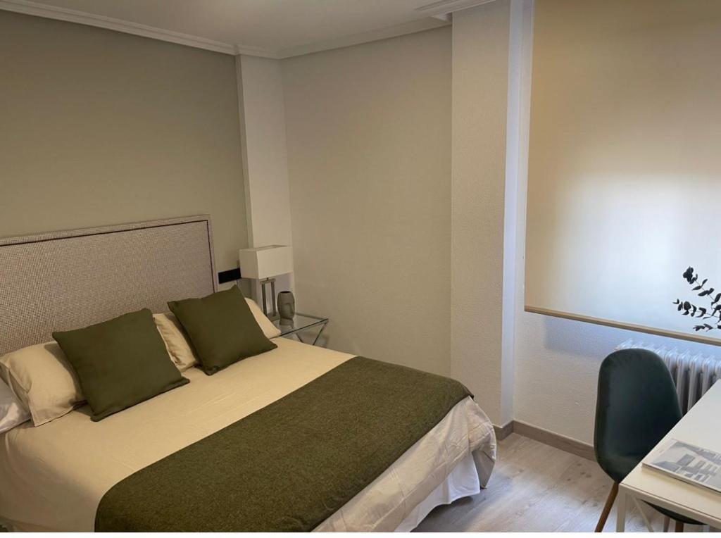 1 dormitorio con 1 cama con 2 almohadas verdes en VUT Libreros LA RANITA SALMANTINA, en Salamanca
