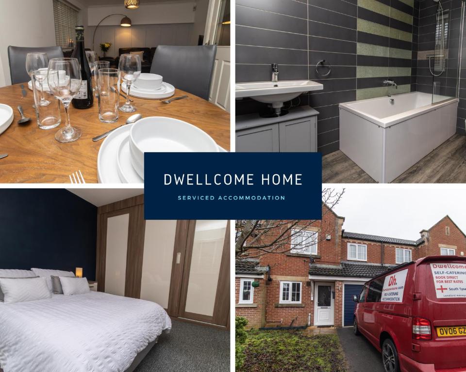 a collage of photos of a house with a bed and a bathroom at DWELLCOME HOME Ltd Spacious 3 Double Bedroom Boldon Townhouse - see our site for assurance in Boldon