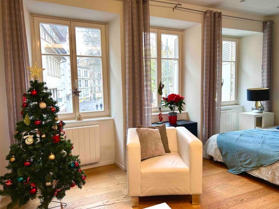 Ένα ή περισσότερα κρεβάτια σε δωμάτιο στο Appartement vue sur le Marché de Noel